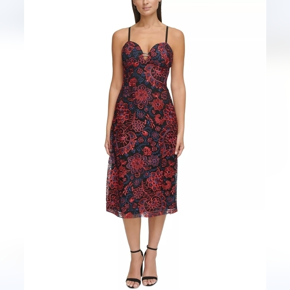 Guess Women's Embroidered Fit and Flare Lace overlay Cocktail Dress